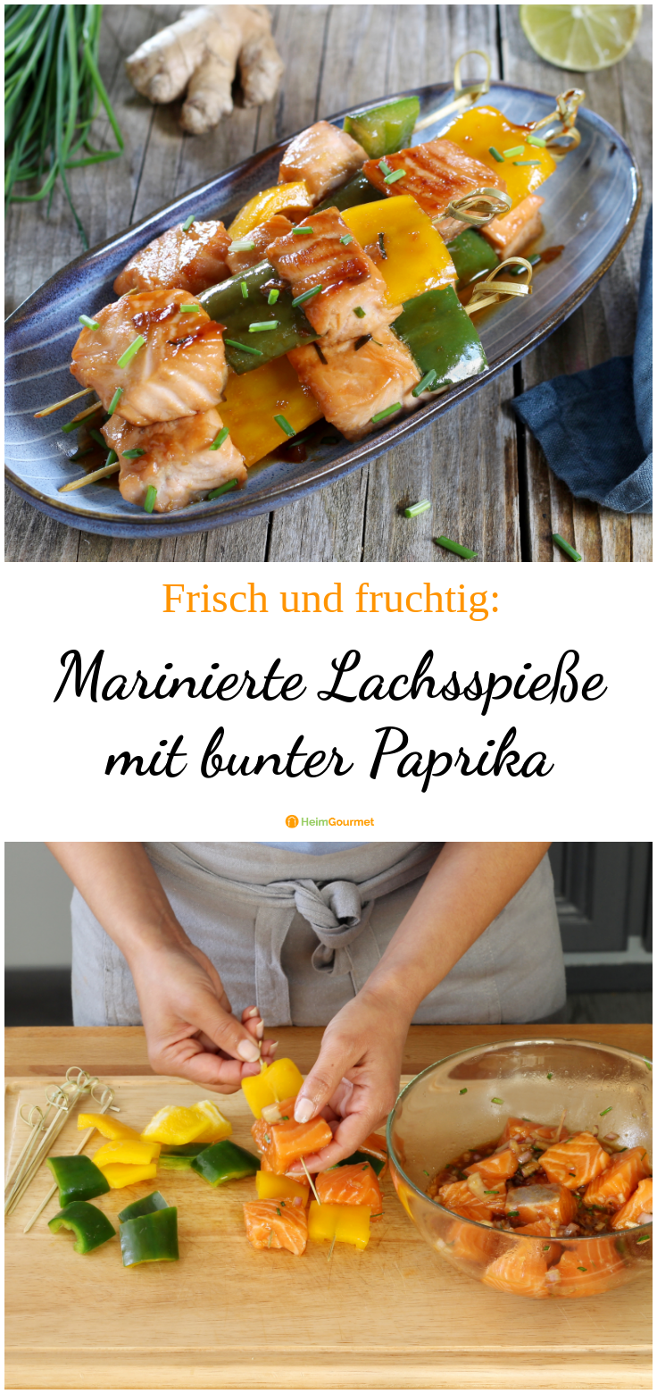 Frisch und spritzig: Marinierte Lachsspieße mit bunter Paprika